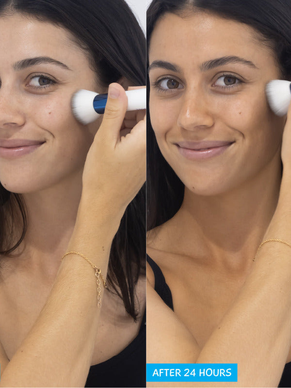 Two photos labelled Before and After 24 Hours showing a person brushing their cheek with a blue-and-white tanning brush, with a warmer skin tone in the second photo.