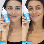 Two photos of a smiling person holding MooGoo Tanning Face Mist beside their face, labelled Before and After 24 Hours, with a warmer tan in the second photo.