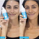 Two photos of a smiling person holding MooGoo Tanning Face Mist beside their face, labelled Before and After 24 Hours, with a warmer tan in the second photo.