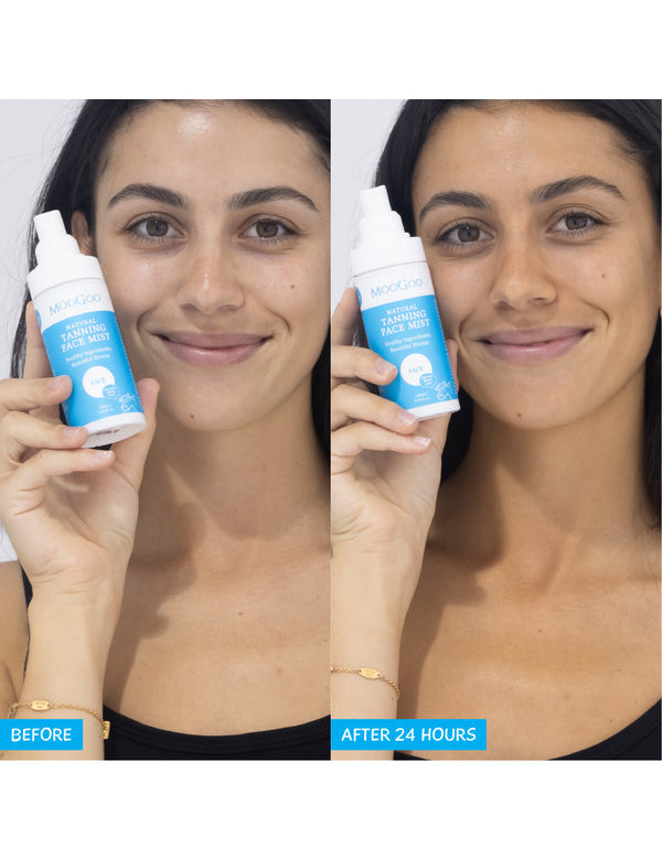 Two photos of a smiling person holding MooGoo Tanning Face Mist beside their face, labelled Before and After 24 Hours, with a warmer tan in the second photo.