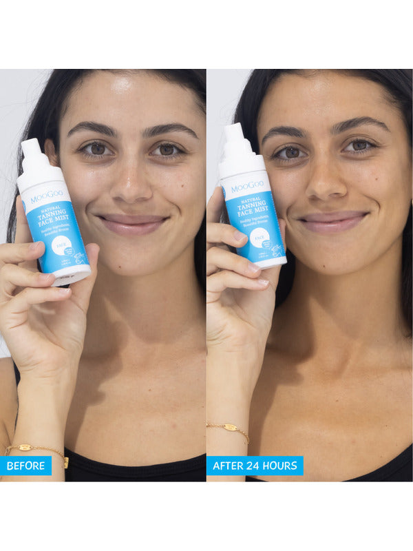 Two photos of a smiling person holding MooGoo Tanning Face Mist beside their face, labelled Before and After 24 Hours, with a warmer tan in the second photo.