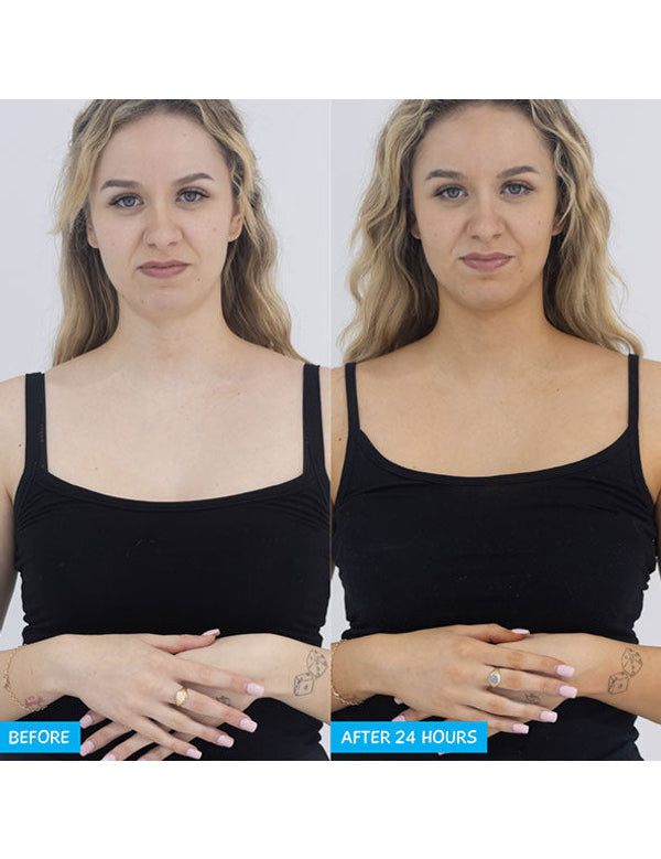 Side-by-side photos of a blonde person in a black camisole, labelled Before and After 24 Hours, showing a deeper tan on the face, chest and arms in the second photo.