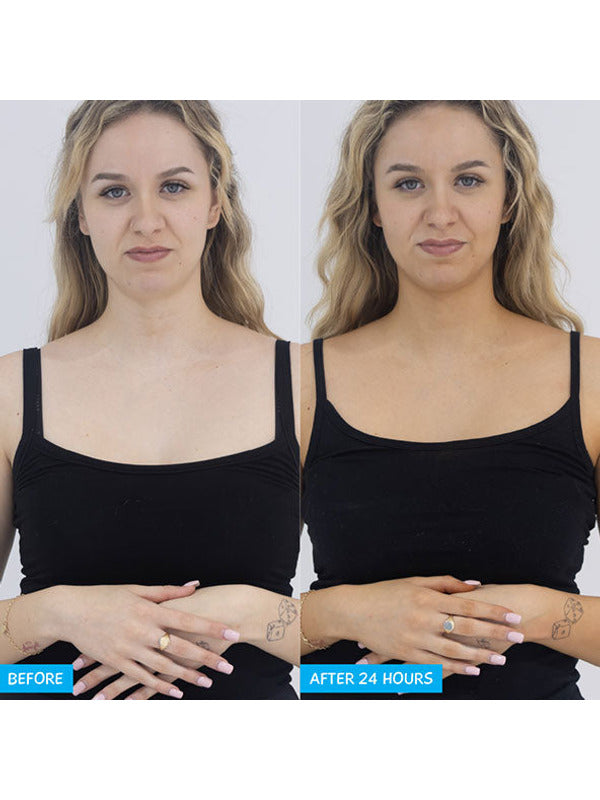 Side-by-side photos of a blonde person in a black camisole, labelled Before and After 24 Hours, showing a deeper tan on the face, chest and arms in the second photo.
