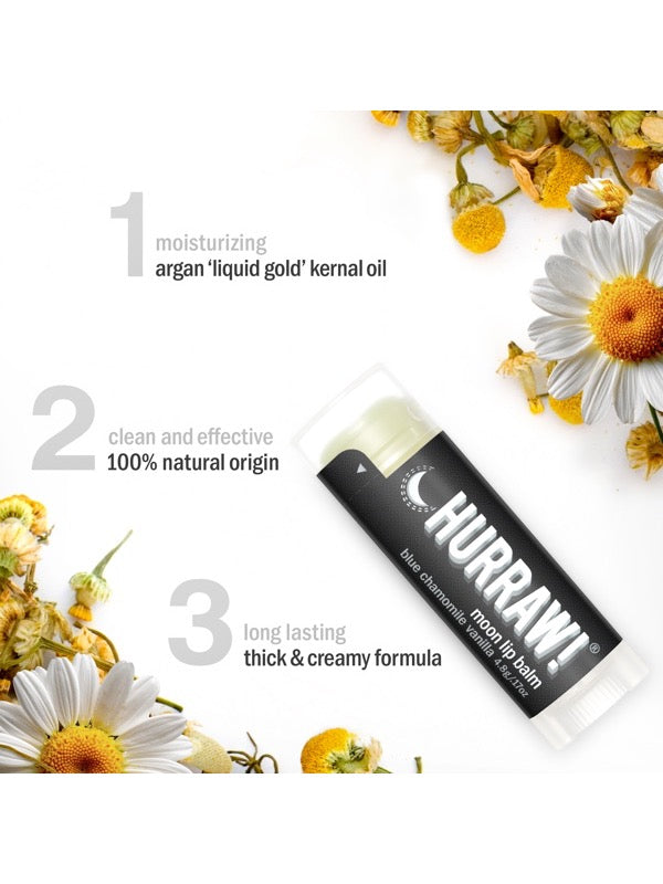 Ingredients and product information for Hurraw! Moon Lip Balm Blue Chamomile & Vanilla 4.8g