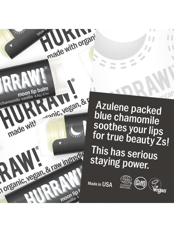 Product and flavour details for Hurraw! Moon Lip Balm Blue Chamomile & Vanilla 4.8g