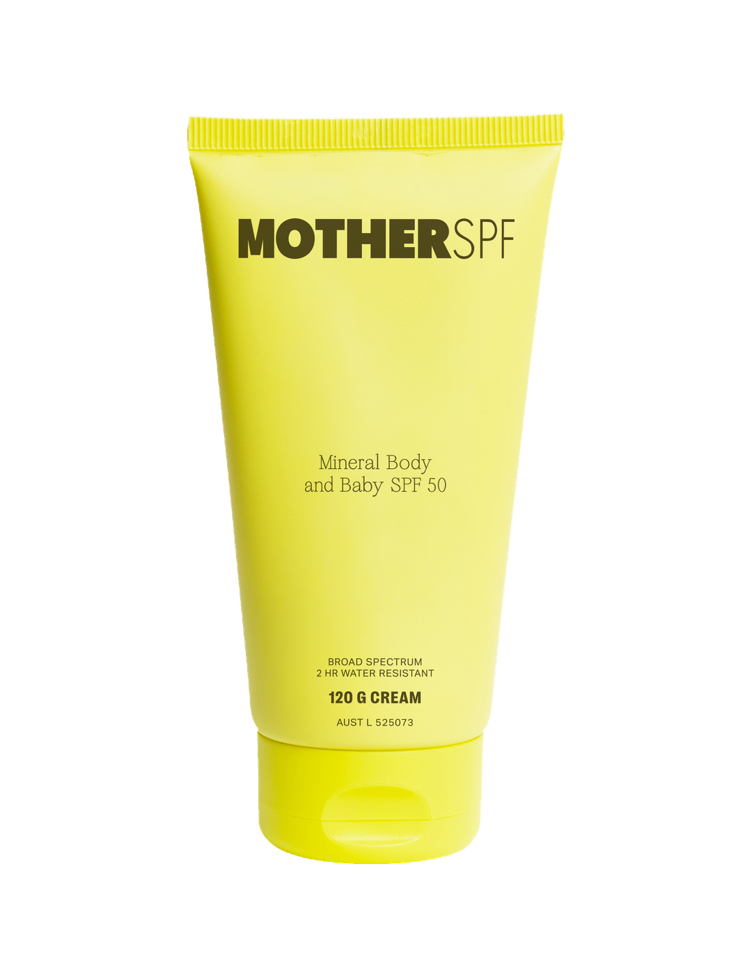 MOTHER SPF Mineral Body and Baby SPF 50 120g in the new yellow tube, upright on a pure white background.