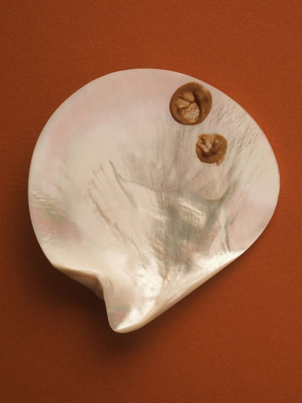 MOTHER SPF bronzing drops styled with an oyster shell