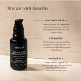 Mukti Golden Glow Bronzing Drops 30ml bottle beside the brand's ingredient callouts for niacinamide, ceramides and knotgrass.