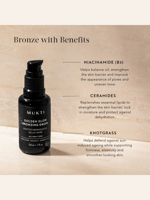 Mukti Golden Glow Bronzing Drops 30ml bottle beside the brand's ingredient callouts for niacinamide, ceramides and knotgrass.