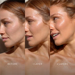 Mukti Golden Glow Bronzing Drops application comparison showing the same model before use, with one layer and with two layers; all three labels are visible.