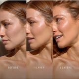 Mukti Golden Glow Bronzing Drops application comparison showing the same model before use, with one layer and with two layers; all three labels are visible.