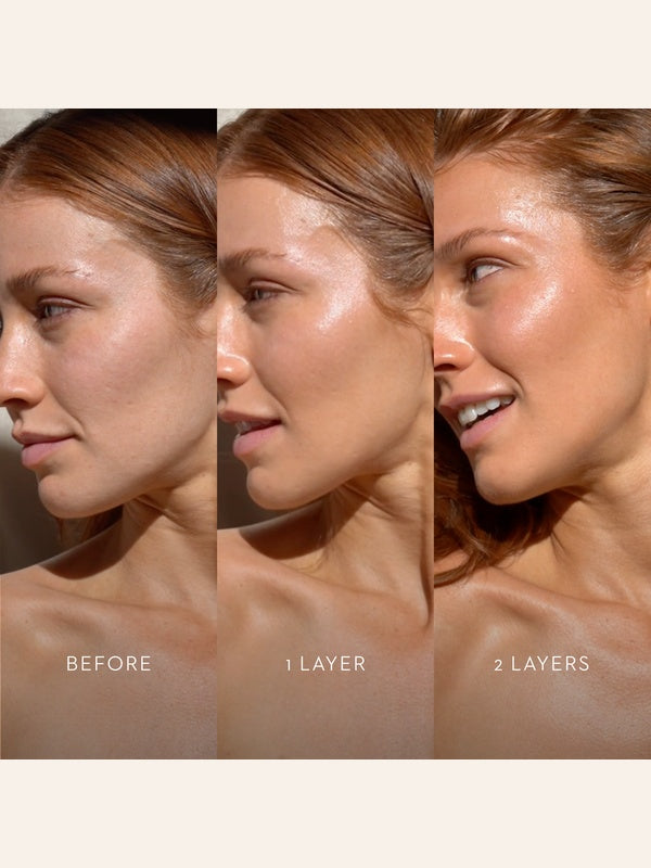 Mukti Golden Glow Bronzing Drops application comparison showing the same model before use, with one layer and with two layers; all three labels are visible.