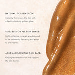 Mukti Golden Glow Bronzing Drops shimmering bronze serum texture beside the brand's labelled product benefits.