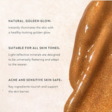 Mukti Golden Glow Bronzing Drops shimmering bronze serum texture beside the brand's labelled product benefits.