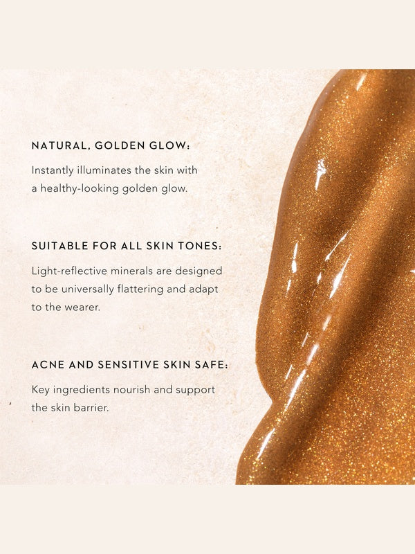 Mukti Golden Glow Bronzing Drops shimmering bronze serum texture beside the brand's labelled product benefits.