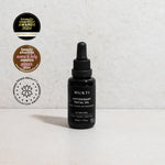 Black Mukti Antioxidant Facial Oil dropper bottle beside badges for 2024 Beauty Shortlist Editor's Choice, Mama and Baby award winner, and a 2023 Beauty Innovation Award.
