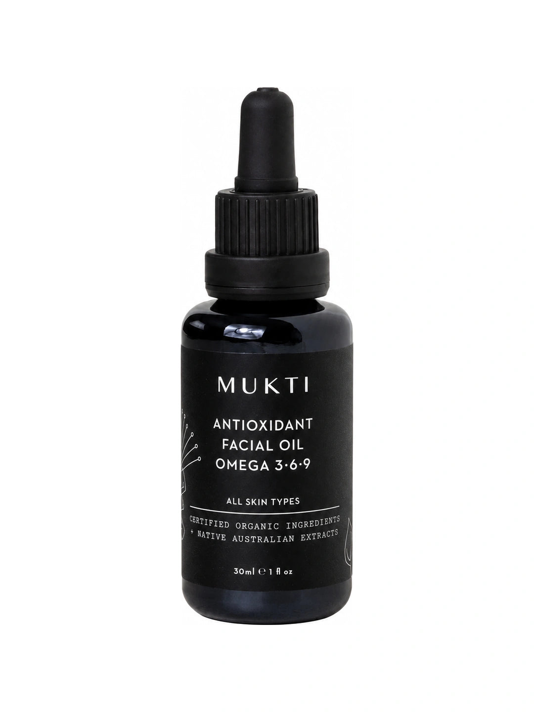 Small black Mukti Antioxidant Facial Oil bottle with a black rubber dropper cap and white lettering identifying Omega 3, 6 and 9.
