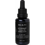 Small black Mukti Antioxidant Facial Oil bottle with a black rubber dropper cap and white lettering identifying Omega 3, 6 and 9.