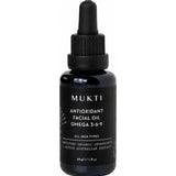 Small black Mukti Antioxidant Facial Oil bottle with a black rubber dropper cap and white lettering identifying Omega 3, 6 and 9.