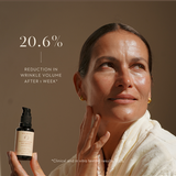 Woman holding Mukti Bioactive Renewal Day Serum with the official clinical wrinkle-volume result.
