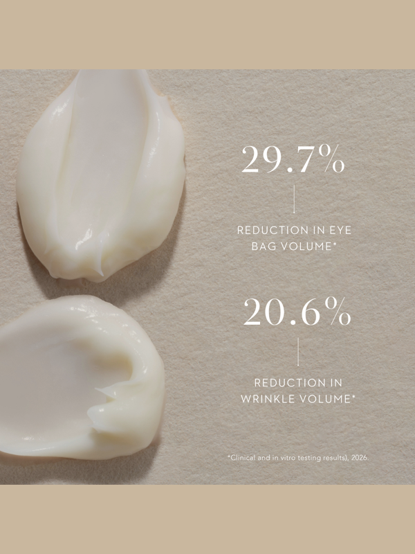 Mukti Bioactive Renewal Eye Crème texture swatches with official eye-bag and wrinkle-volume results.