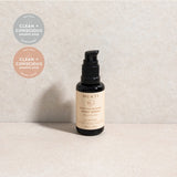 Mukti Bioactive Renewal Night Serum styled on a light stone surface with its 2026 award badges.