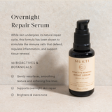Mukti Bioactive Renewal Night Serum with official product benefits on a light stone background.