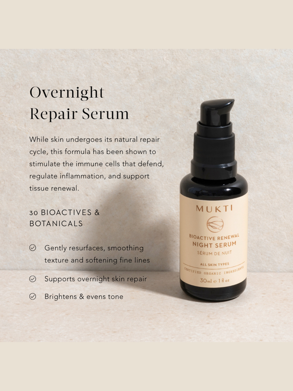 Mukti Bioactive Renewal Night Serum with official product benefits on a light stone background.