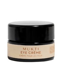 Low round black Mukti Eye Crème jar with a glossy black lid and a pale beige label with brown lettering.