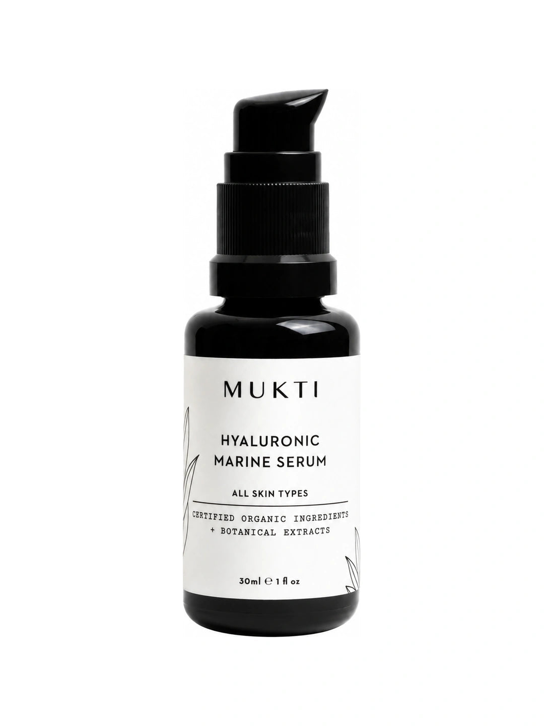 Small black Mukti Hyaluronic Marine Serum pump bottle with a white label, black lettering and fine botanical line drawings.