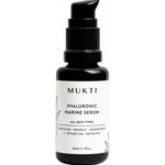 Small black Mukti Hyaluronic Marine Serum pump bottle with a white label, black lettering and fine botanical line drawings.