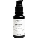 Small black Mukti Hyaluronic Marine Serum pump bottle with a white label, black lettering and fine botanical line drawings.