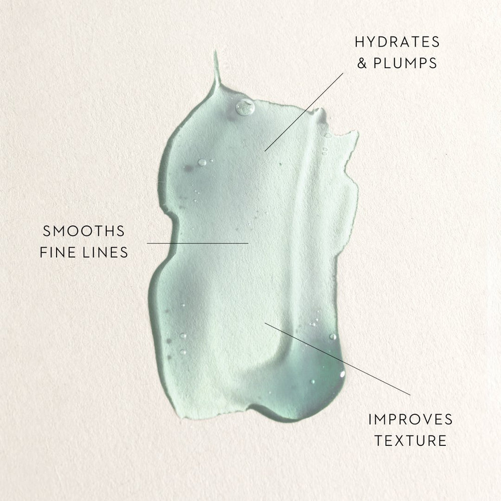 Pale aqua gel swatch with three callouts reading Hydrates and Plumps, Smooths Fine Lines and Improves Texture.