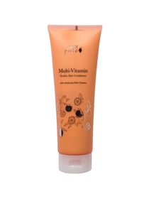 An orange tube of 100% Pure Multi-Vitamin Healthy Hair Conditioner, a nourishing biotin formula with black and white fruit illustrations, clear flip-top cap, and product text.