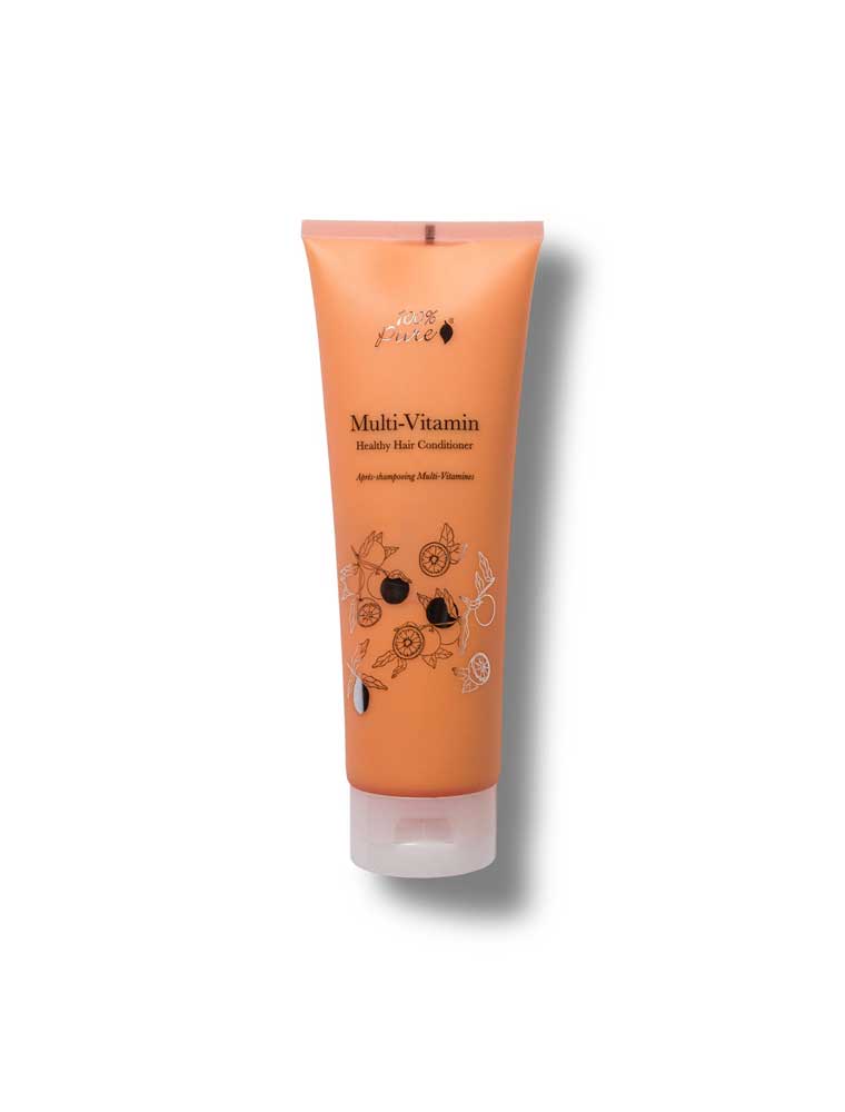 Orange tube of 100% Pure Multi-Vitamin hair conditioner with branding on a white background