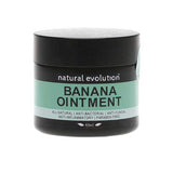 A black jar labeled Natural Evolution Banana Ointment 60g offers natural skincare benefits from green bananas. It is all-natural, anti-bacterial, anti-fungal, anti-inflammatory, paraben-free, and contains 60g of product.