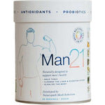 White Man21 powder tub with a wide white lid, blue-and-green lettering and a fine blue outline of a man flexing one arm.