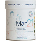 White Man21 powder tub with a wide white lid, blue-and-green lettering and a fine blue outline of a man flexing one arm.