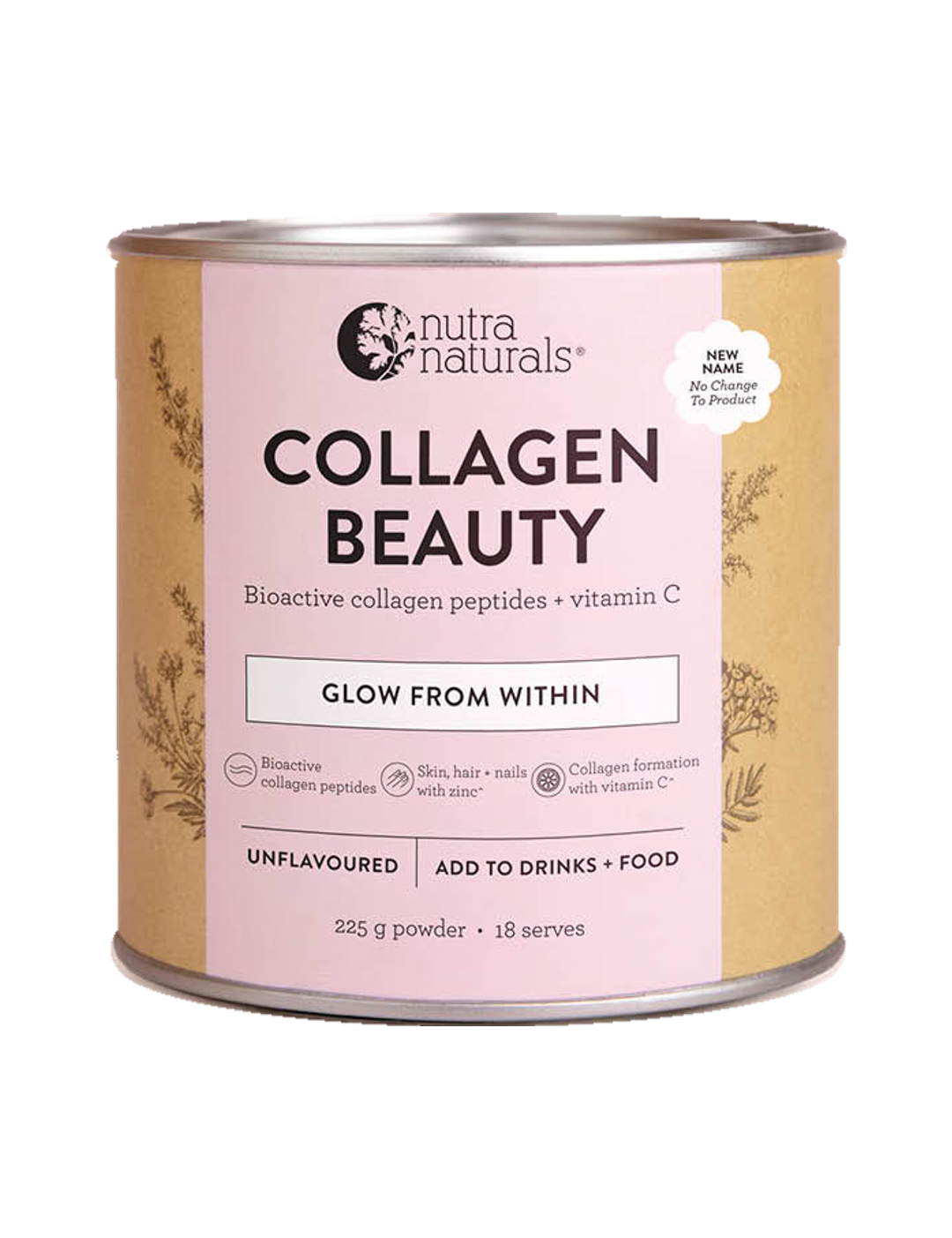 Nutra Naturals Collagen Beauty Unflavoured in a round canister with silver rims, a pink front label and tan side panels decorated with fine botanical drawings.