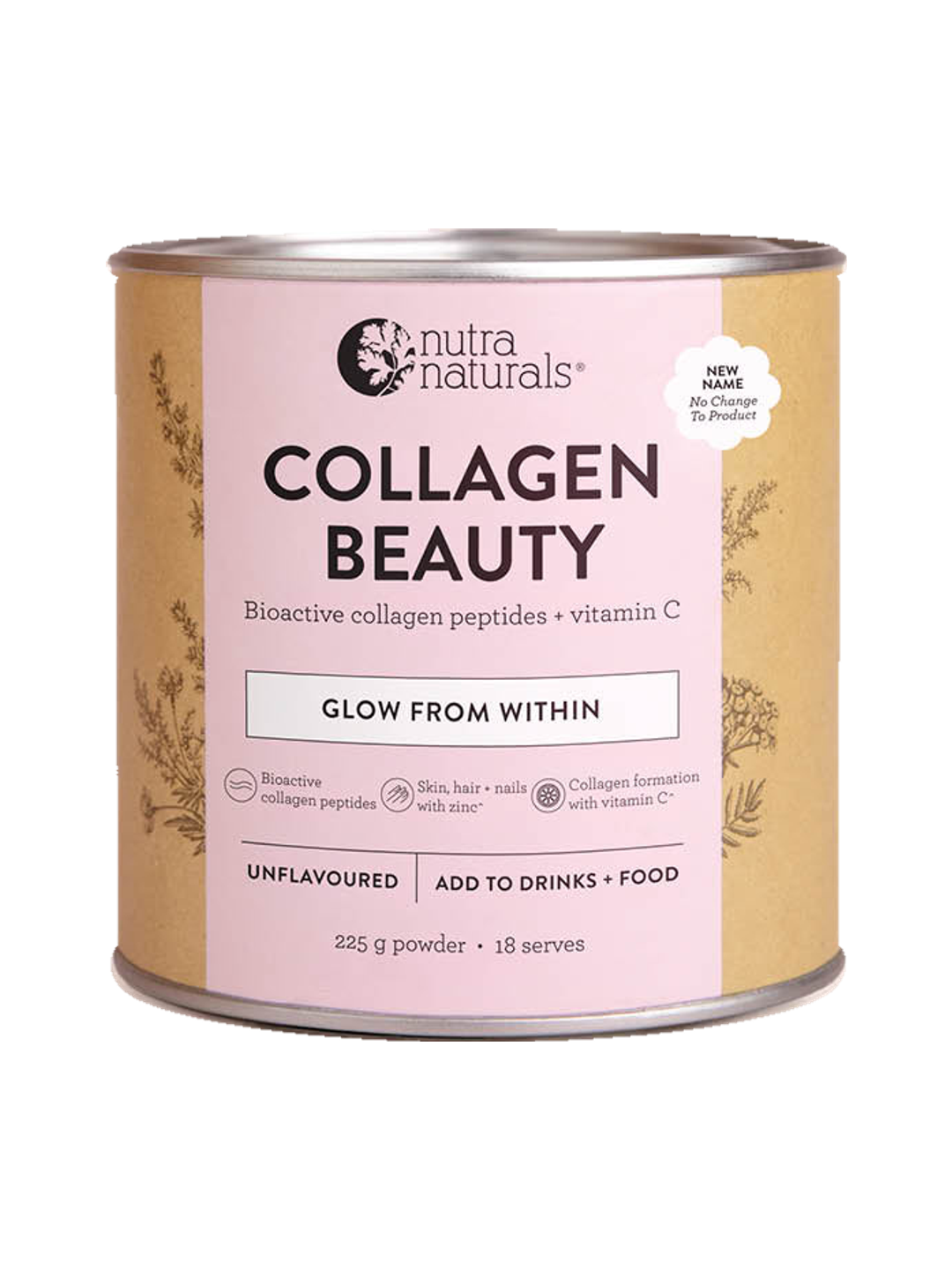 Nutra Naturals Collagen Beauty Unflavoured in a round canister with silver rims, a pink front label and tan side panels decorated with fine botanical drawings.