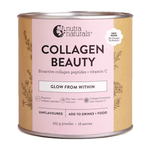 Nutra Naturals Collagen Beauty Unflavoured in a round canister with silver rims, a pink front label and tan side panels decorated with fine botanical drawings.
