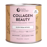 Nutra Naturals Collagen Beauty Unflavoured in a round canister with silver rims, a pink front label and tan side panels decorated with fine botanical drawings.