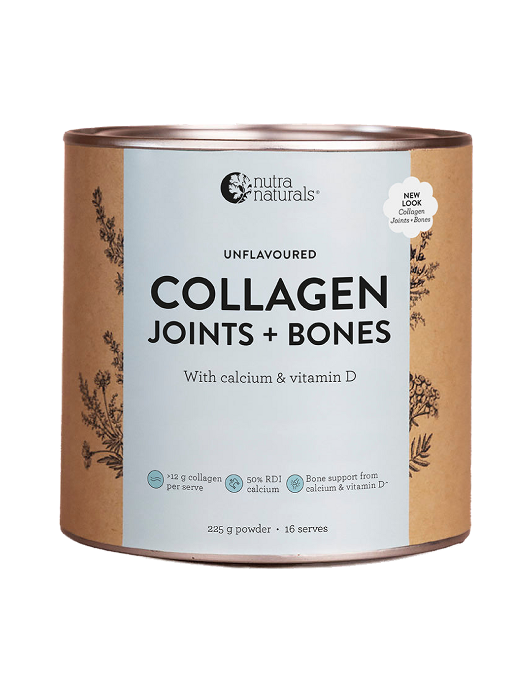 Nutra Naturals Collagen Joints and Bones canister with a silver rim and brown sides framing a pale blue-green front panel with bold black lettering and fine botanical drawings.