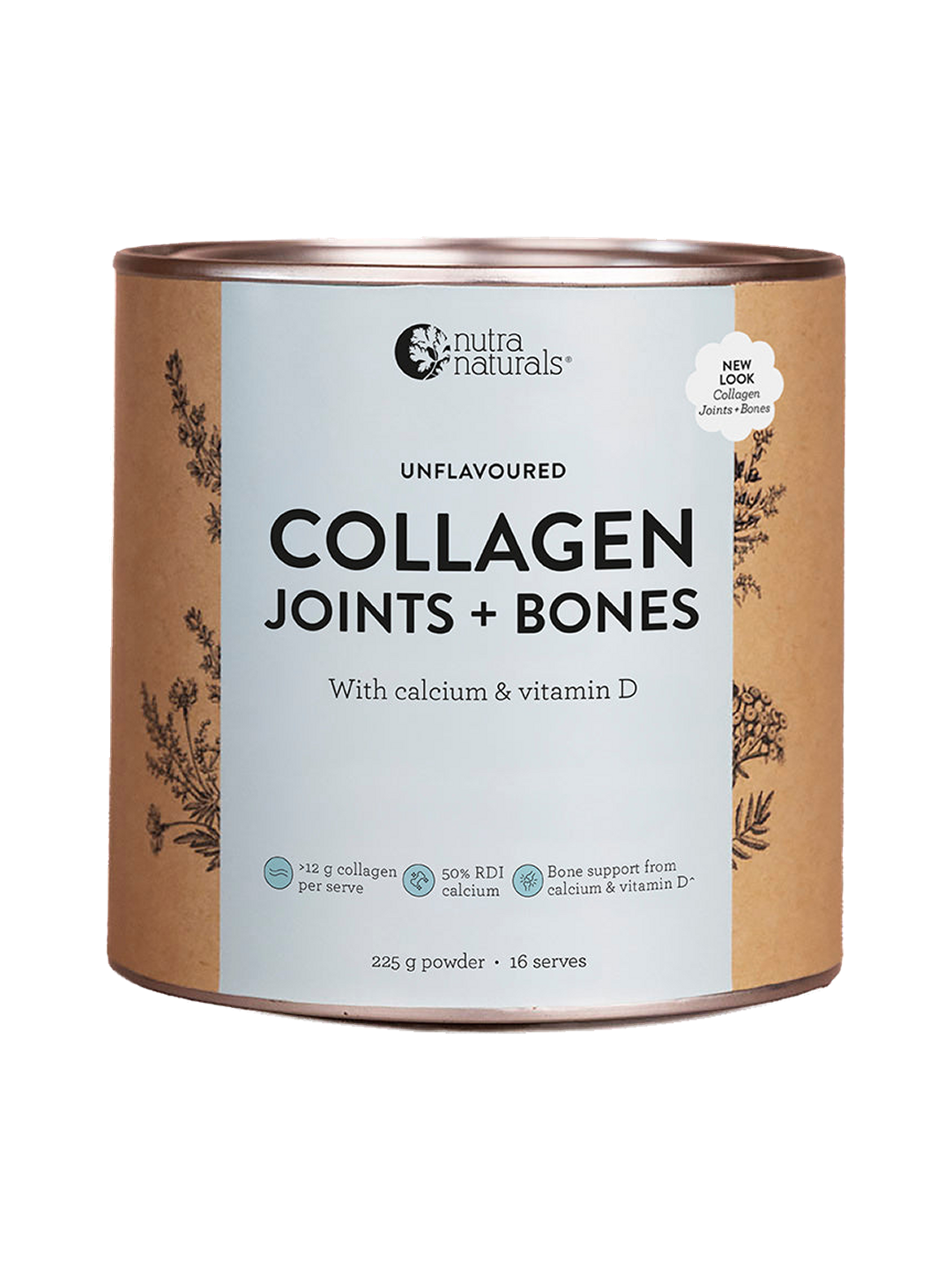 Nutra Naturals Collagen Joints and Bones canister with a silver rim and brown sides framing a pale blue-green front panel with bold black lettering and fine botanical drawings.