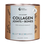 Nutra Naturals Collagen Joints and Bones canister with a silver rim and brown sides framing a pale blue-green front panel with bold black lettering and fine botanical drawings.