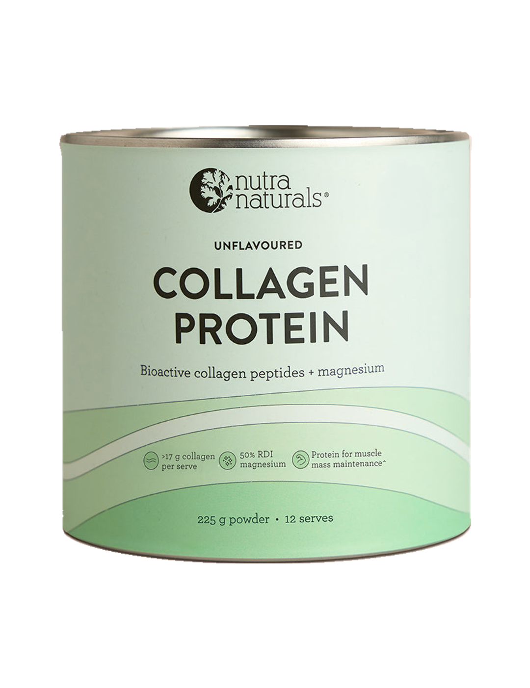 Nutra Naturals Collagen Protein Unflavoured in a round canister with silver rims and a pale green label. Curved green bands cross the lower front beneath the bold black product name.