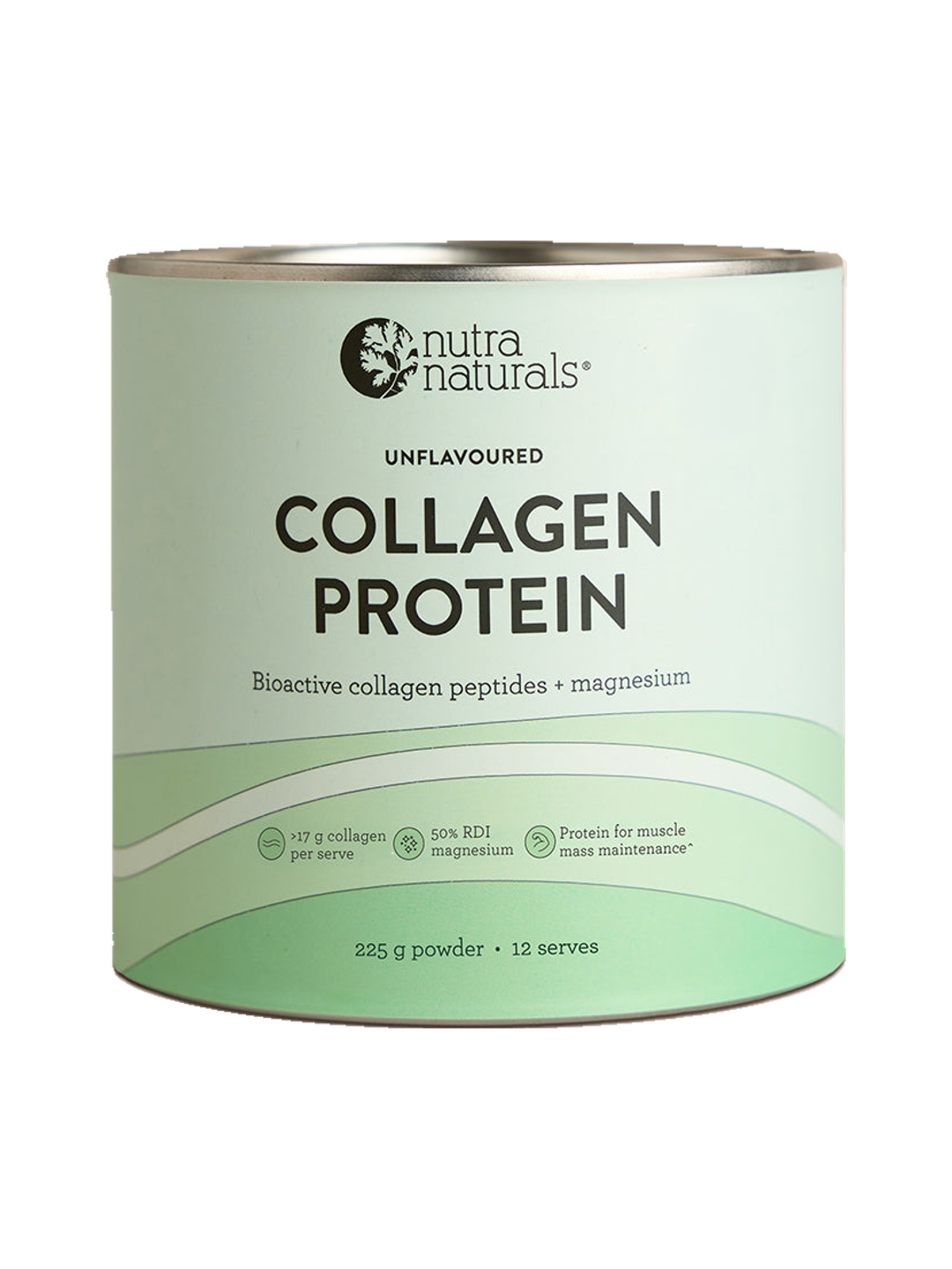 Nutra Naturals Collagen Protein Unflavoured in a round canister with silver rims and a pale green label. Curved green bands cross the lower front beneath the bold black product name.