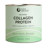 Nutra Naturals Collagen Protein Unflavoured in a round canister with silver rims and a pale green label. Curved green bands cross the lower front beneath the bold black product name.