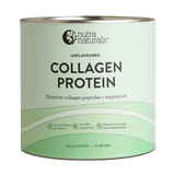 Nutra Naturals Collagen Protein Unflavoured in a round canister with silver rims and a pale green label. Curved green bands cross the lower front beneath the bold black product name.
