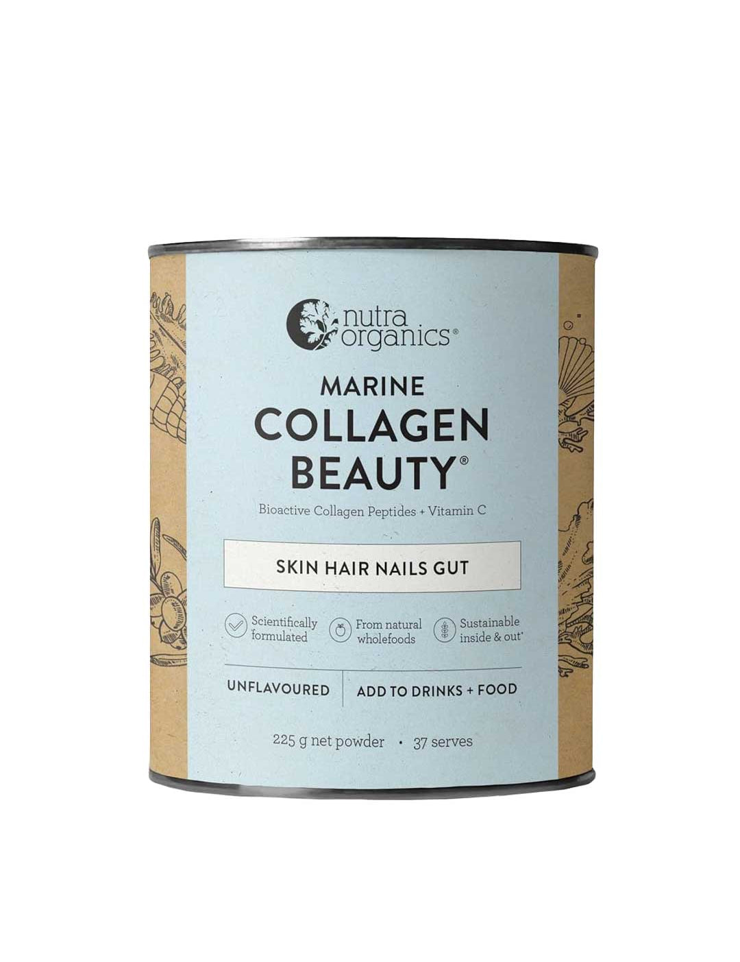 A 225g canister of Nutra Organics Marine Collagen Beauty Unflavoured features beige and blue packaging and provides 37 servings of unflavoured marine collagen with peptides to support skin, hair, nails, and gut hydration.